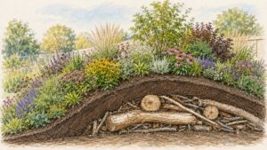 drawing of ground with a mound of logs and sticks covered with soil an plants